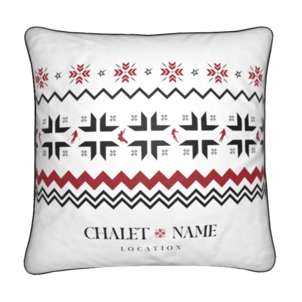 Custom Ski Themed Velvet Chalet Cushion with Snowflake and Skiers