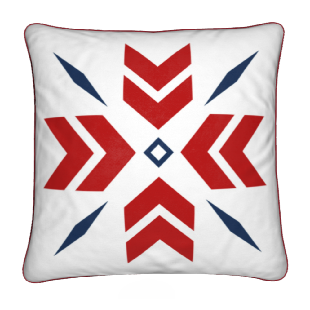 Ski Themed Red White and Blue Snowflake Chalet Cushion
