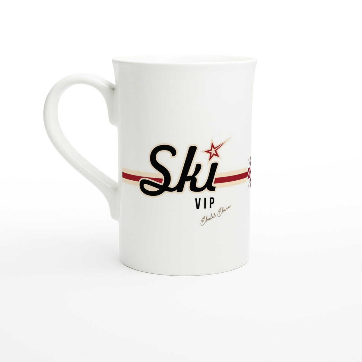 Customised, white porcelain mug with Chalet Charm Thredbo SKI VIP written on it