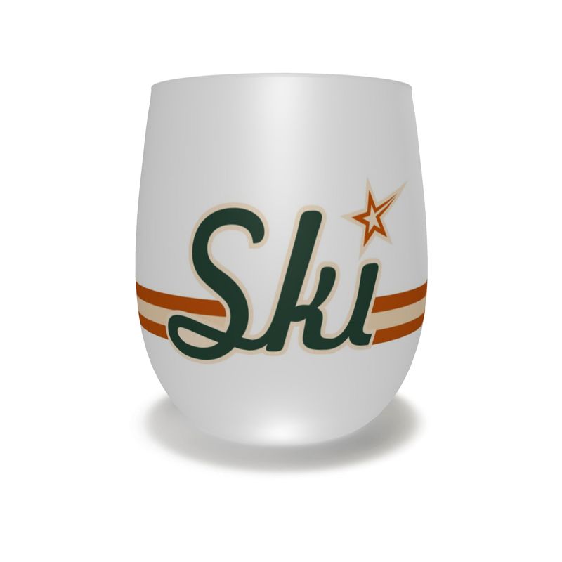Curved white stemless ski themed glass