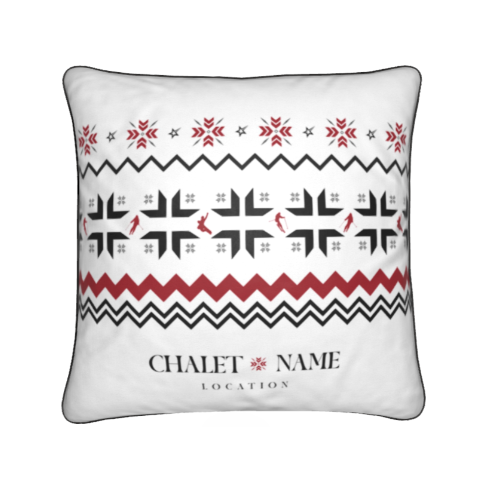 Custom Ski Themed Velvet Chalet Cushion with Snowflake and Skiers
