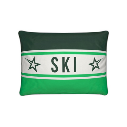 Ski Themed Velvet Cushion in Green