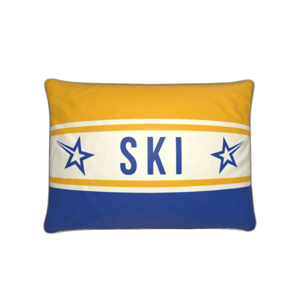 Ski Themed Cushion Soft Velvet Yellow and Blue Cushion