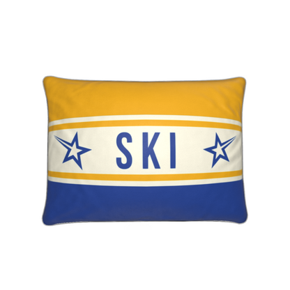 Ski Themed Cushion Soft Velvet Yellow and Blue Cushion