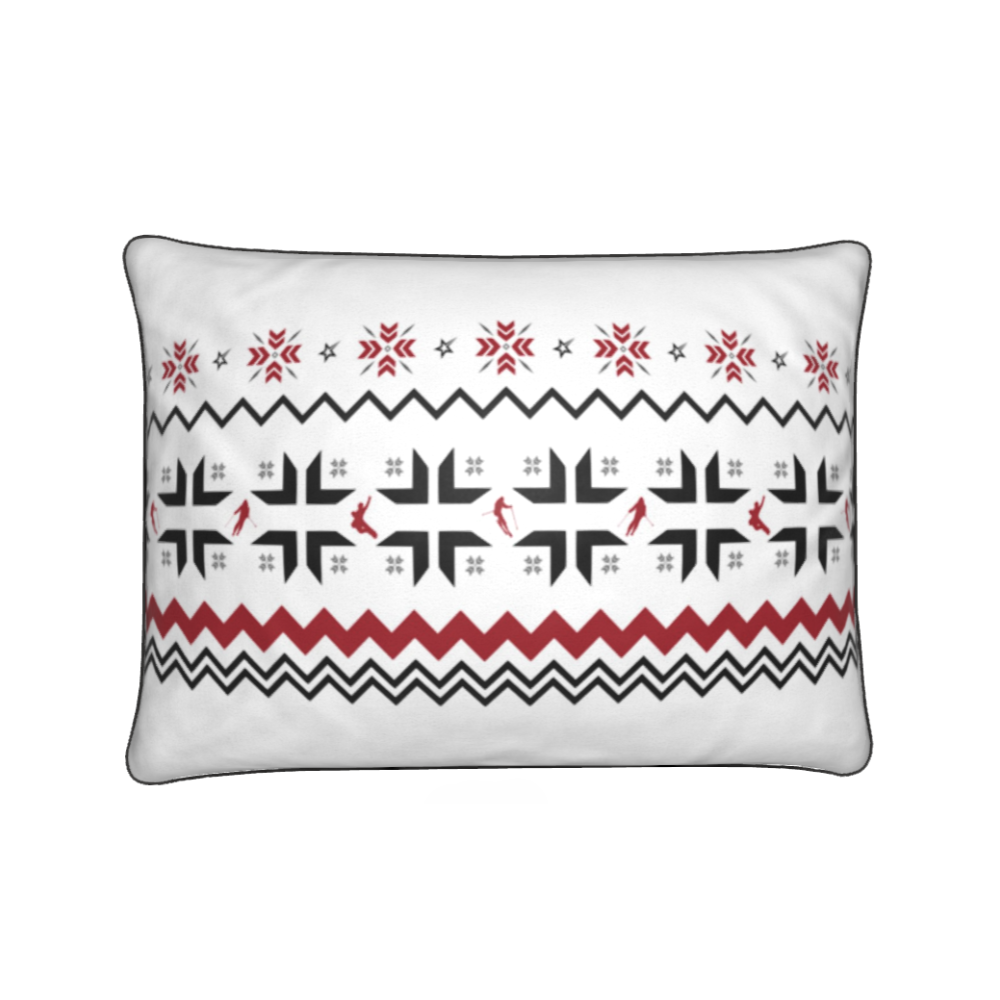 Ski Themed White, Red and Grey Soft Velvet Chalet Cushion featuring Snowflake and Skiers