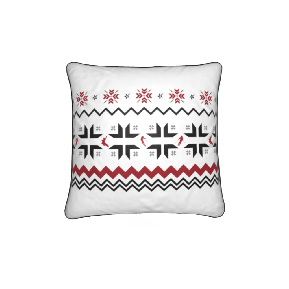 Ski Themed White, Red and Grey Soft Velvet Chalet Cushion featuring Snowflake and Skiers