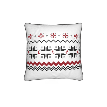 Ski Themed White, Red and Grey Soft Velvet Chalet Cushion featuring Snowflake and Skiers