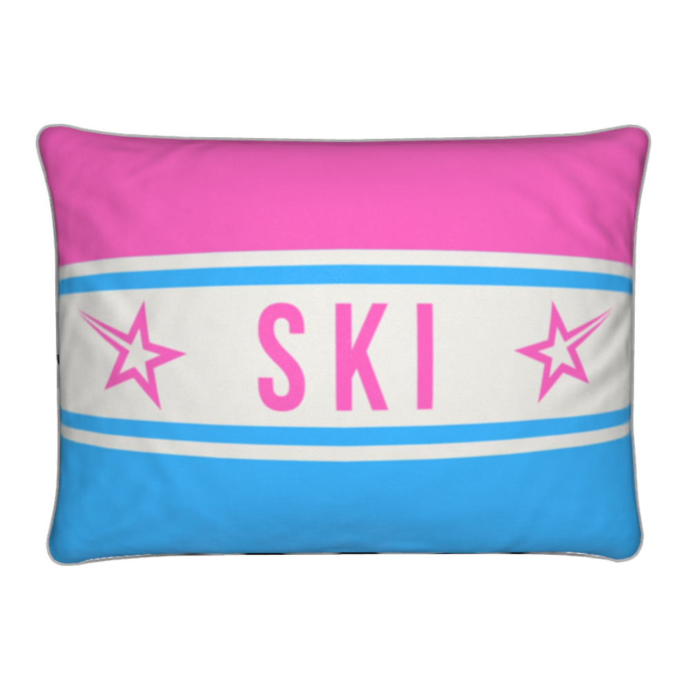 SKI Themed Pink and Blue Cushion for Chalet