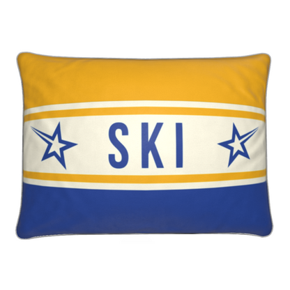 Ski Themed Cushion Soft Velvet Yellow and Blue Cushion