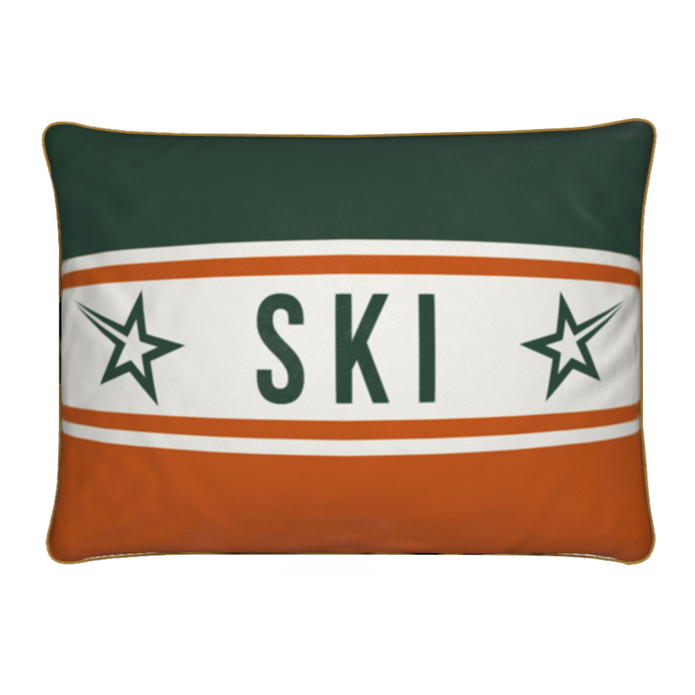 Ski Themed Soft Velvet Orange and Green Cushion