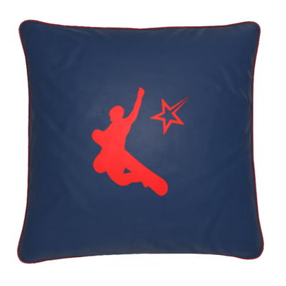Chamonix Red and Blue Soft Velvet Chalet Cushion with Snowboarder