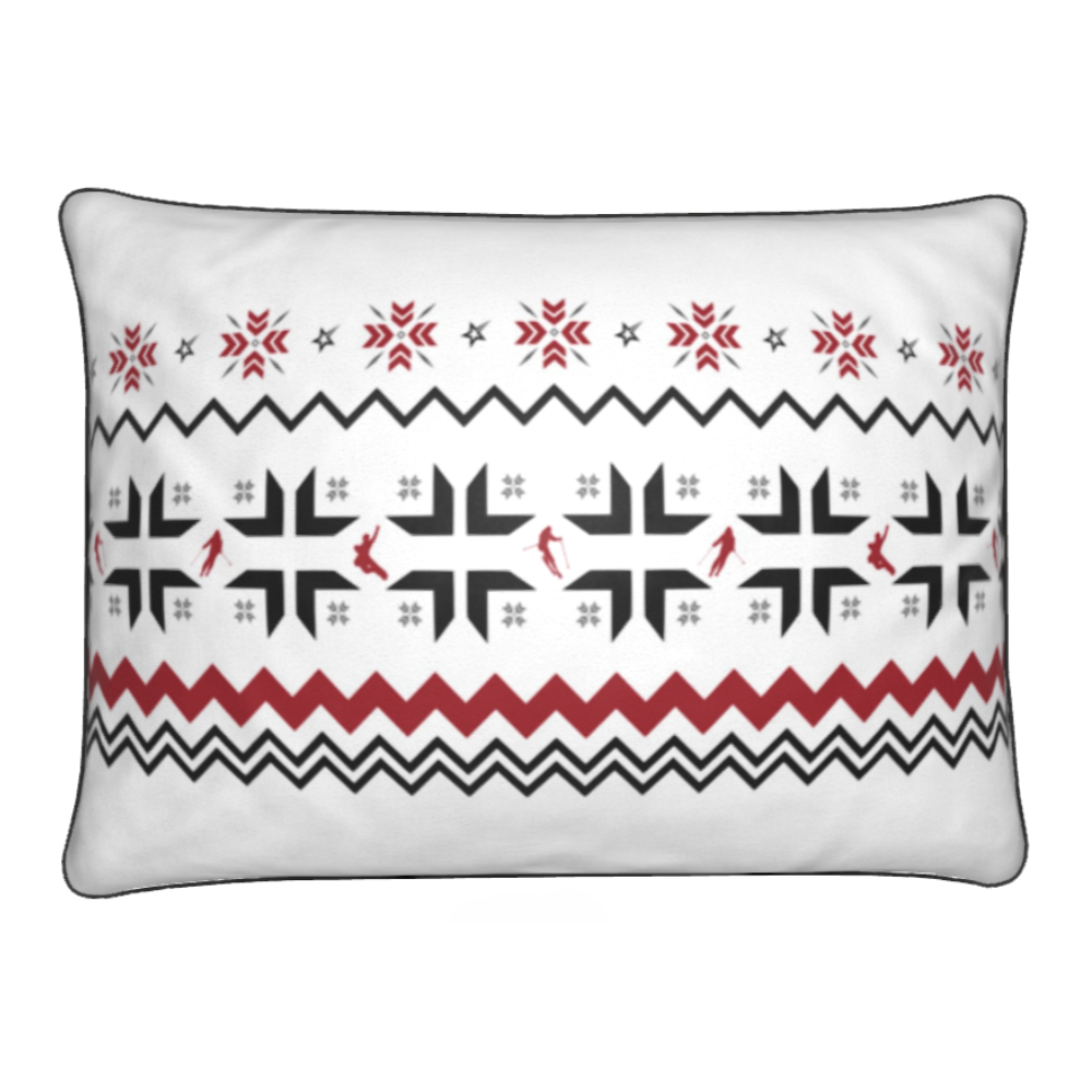 Ski Themed White, Red and Grey Soft Velvet Chalet Cushion featuring Snowflake and Skiers