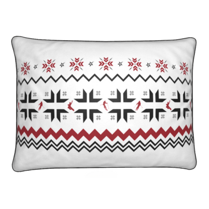 Ski Themed White, Red and Grey Soft Velvet Chalet Cushion featuring Snowflake and Skiers
