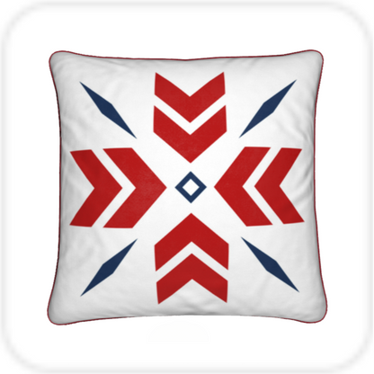 Ski Themed Red White and Blue Snowflake Chalet Cushion