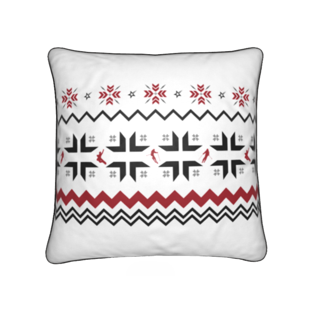 Ski Themed White, Red and Grey Soft Velvet Chalet Cushion featuring Snowflake and Skiers