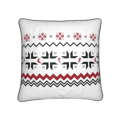 Ski Themed White, Red and Grey Soft Velvet Chalet Cushion featuring Snowflake and Skiers