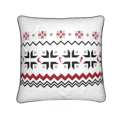 Ski Themed White, Red and Grey Soft Velvet Chalet Cushion featuring Snowflake and Skiers