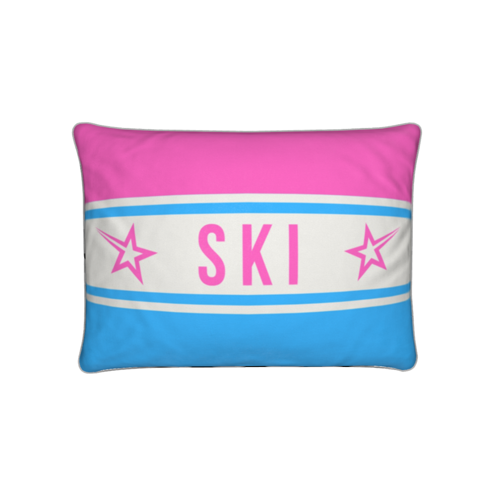 SKI Themed Pink and Blue Cushion for Chalet