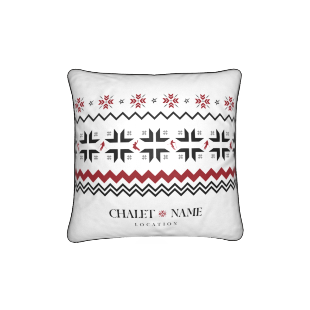 Custom Ski Themed Velvet Chalet Cushion with Snowflake and Skiers