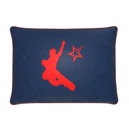 Chamonix Red and Blue Soft Velvet Chalet Cushion with Snowboarder