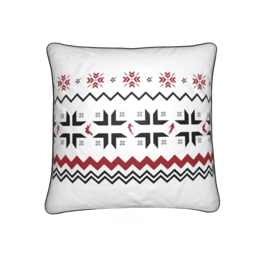 Ski Themed White, Red and Grey Soft Velvet Chalet Cushion featuring Snowflake and Skiers