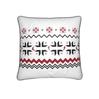 Ski Themed White, Red and Grey Soft Velvet Chalet Cushion featuring Snowflake and Skiers