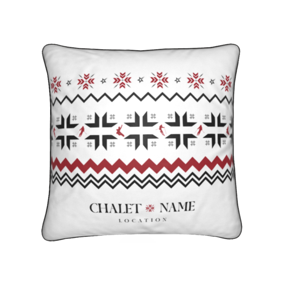 Custom Ski Themed Velvet Chalet Cushion with Snowflake and Skiers