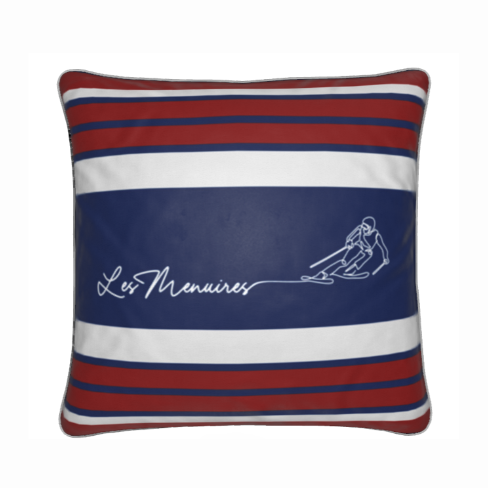 Les Menuires Skier Red, White and Blue Velvet Chalet Cushion