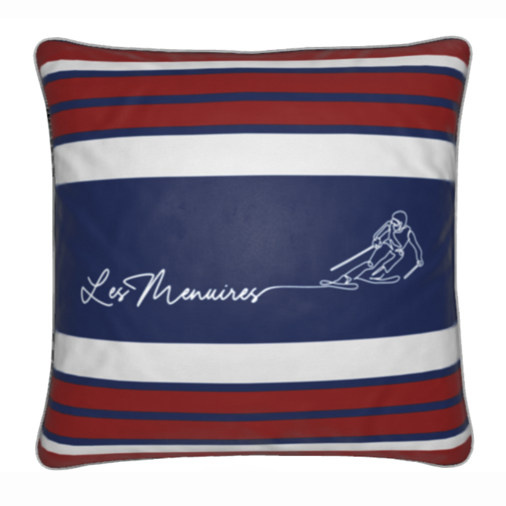 Les Menuires Skier Red, White and Blue Velvet Chalet Cushion
