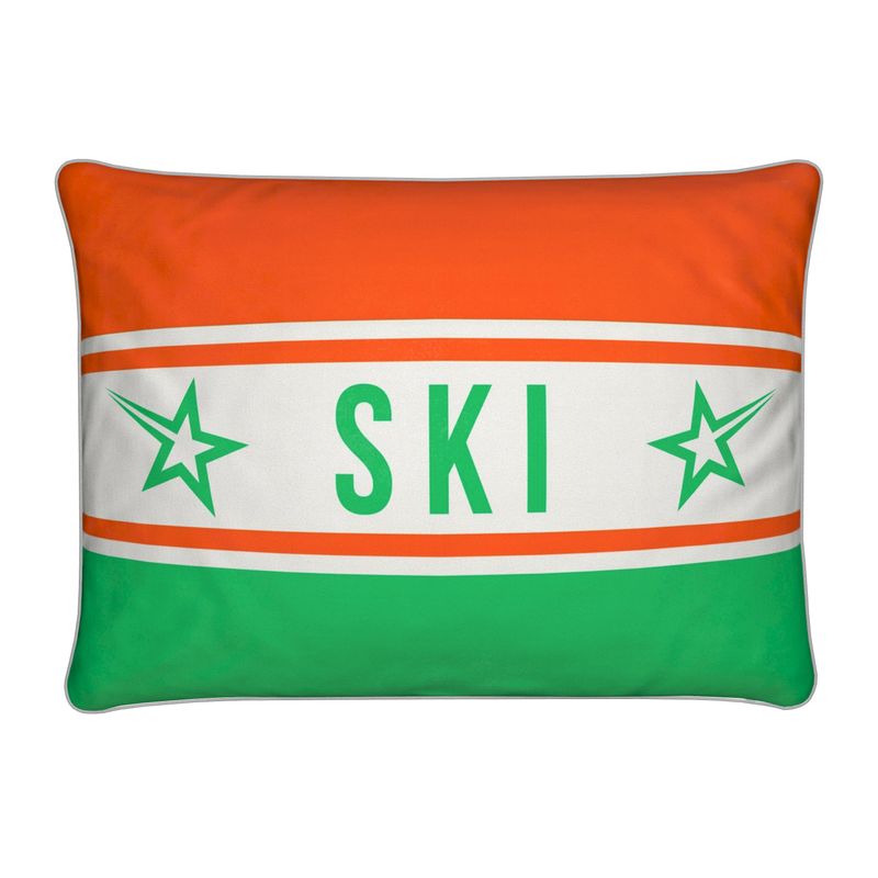Ski Themed Soft Velvet Orange and Green Cushion