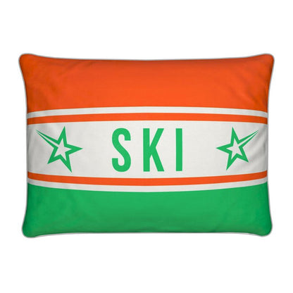 Ski Themed Soft Velvet Orange and Green Cushion