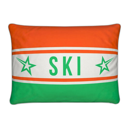 Ski Themed Soft Velvet Orange and Green Cushion