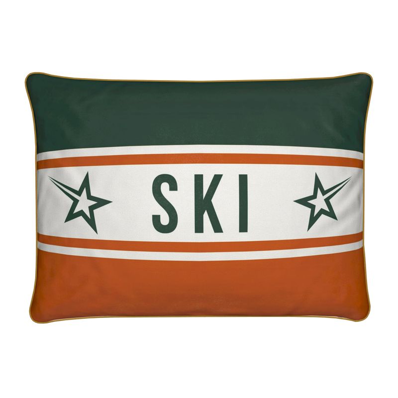 Ski Themed Soft Velvet Orange and Green Cushion