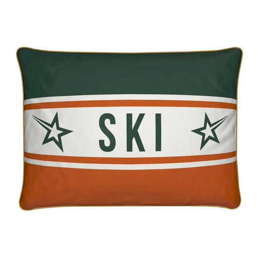 Ski Themed Soft Velvet Orange and Green Cushion