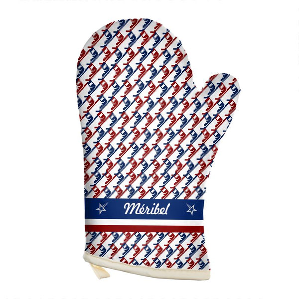 Individualisierbarer rot-weiß-blauer Ofenhandschuh mit Skischuh-Design 