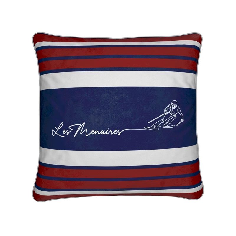 Les Menuires Skier Red, White and Blue Velvet Chalet Cushion