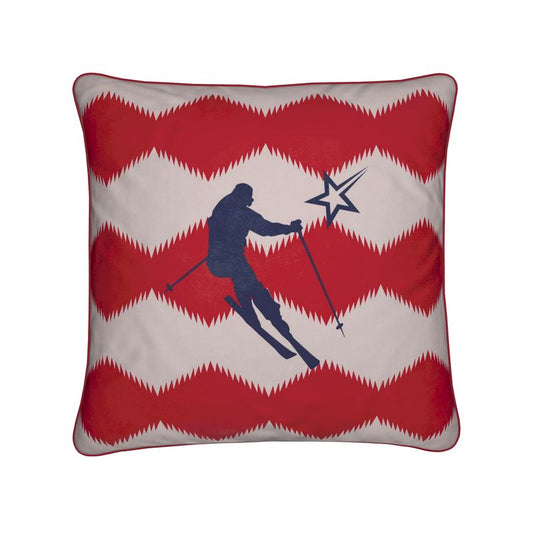 Navy and Red, Ski Themed, with Stars and Stripes, Soft Velvet Cushion