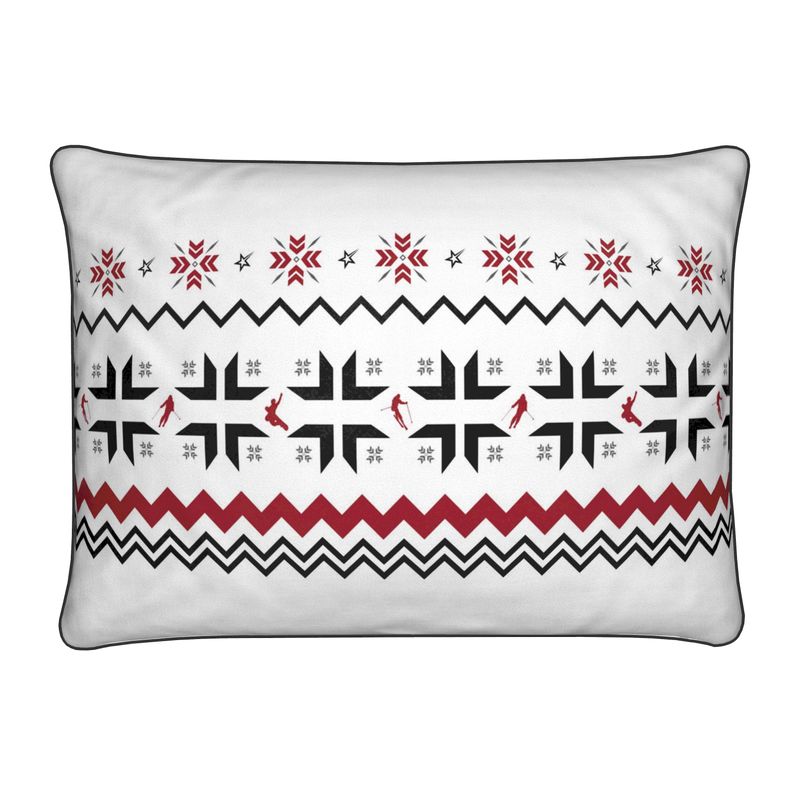 Ski Themed White, Red and Grey Soft Velvet Chalet Cushion featuring Snowflake and Skiers
