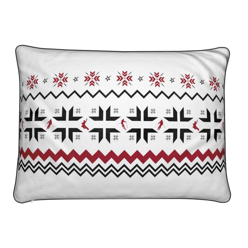 Ski Themed White, Red and Grey Soft Velvet Chalet Cushion featuring Snowflake and Skiers