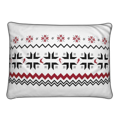 Ski Themed White, Red and Grey Soft Velvet Chalet Cushion featuring Snowflake and Skiers