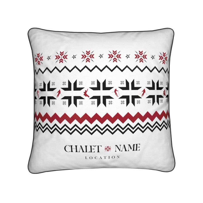 Custom Ski Themed Velvet Chalet Cushion with Snowflake and Skiers