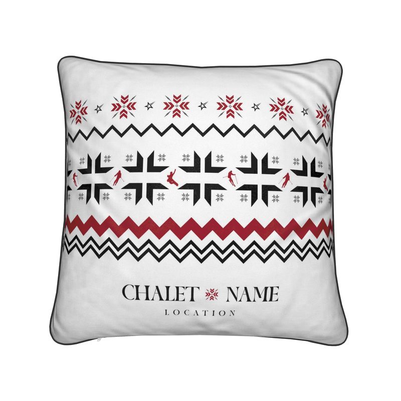 Custom Ski Themed Velvet Chalet Cushion with Snowflake and Skiers