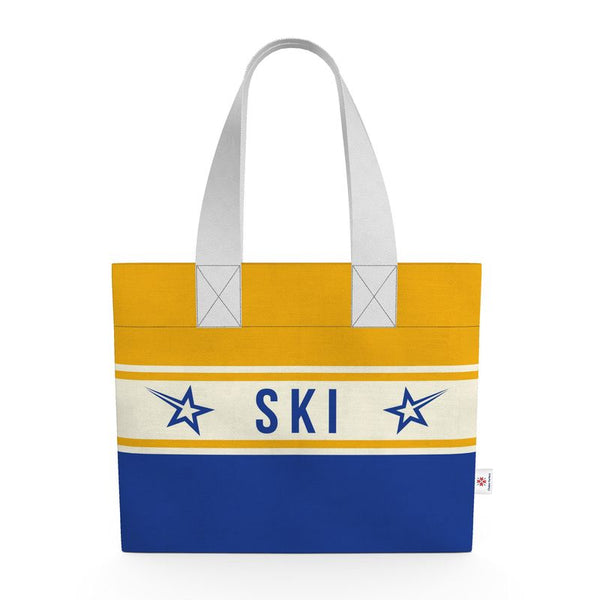 SKI Themed Shopping Tote, Blue and Yellow