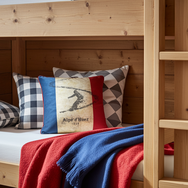 Bunk Bed with vintage blue, white and red velvet cushion.