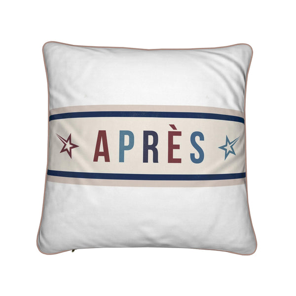 White Square soft velvet white cushion with Apres written on the front.