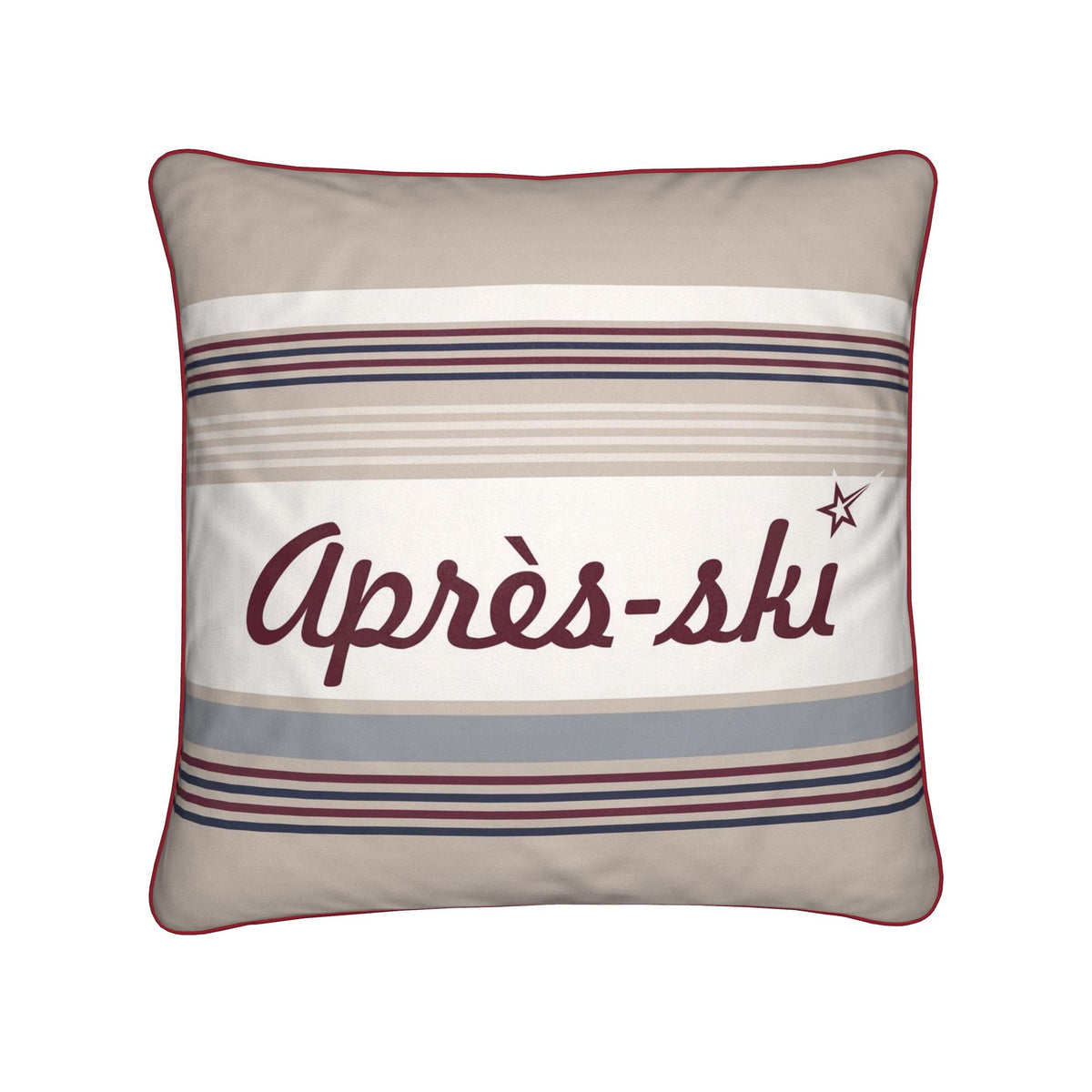 A square decorative throw pillow with a beige background, horizontal stripes in navy, burgundy, and gray, and the words 'Après-ski' embroidered in burgundy script with a small star accent.