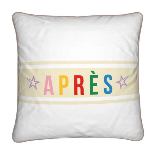 White square cushion with APRES written on bright colours