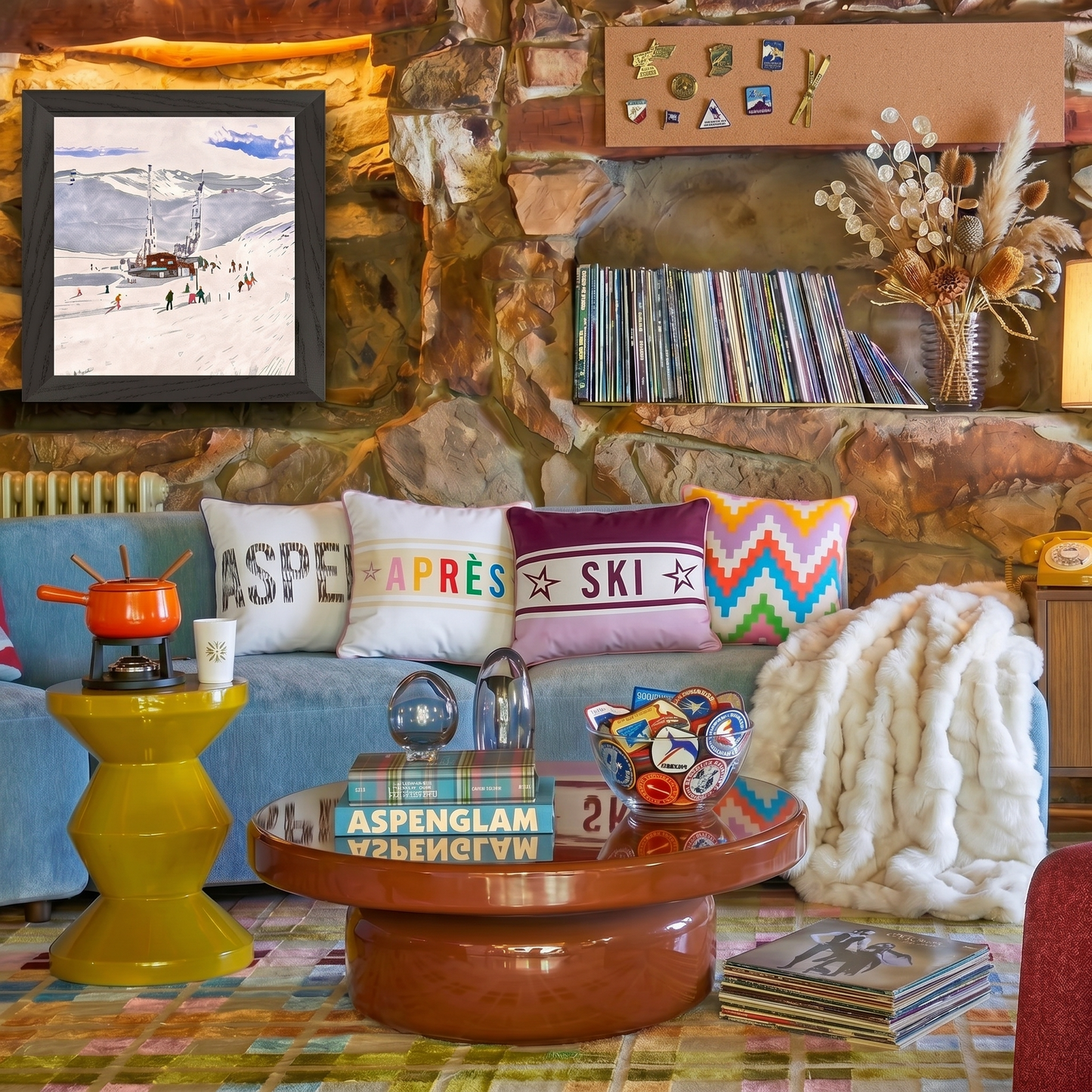 Retro Ski Aspen Glam scene with APSEN  Cushion