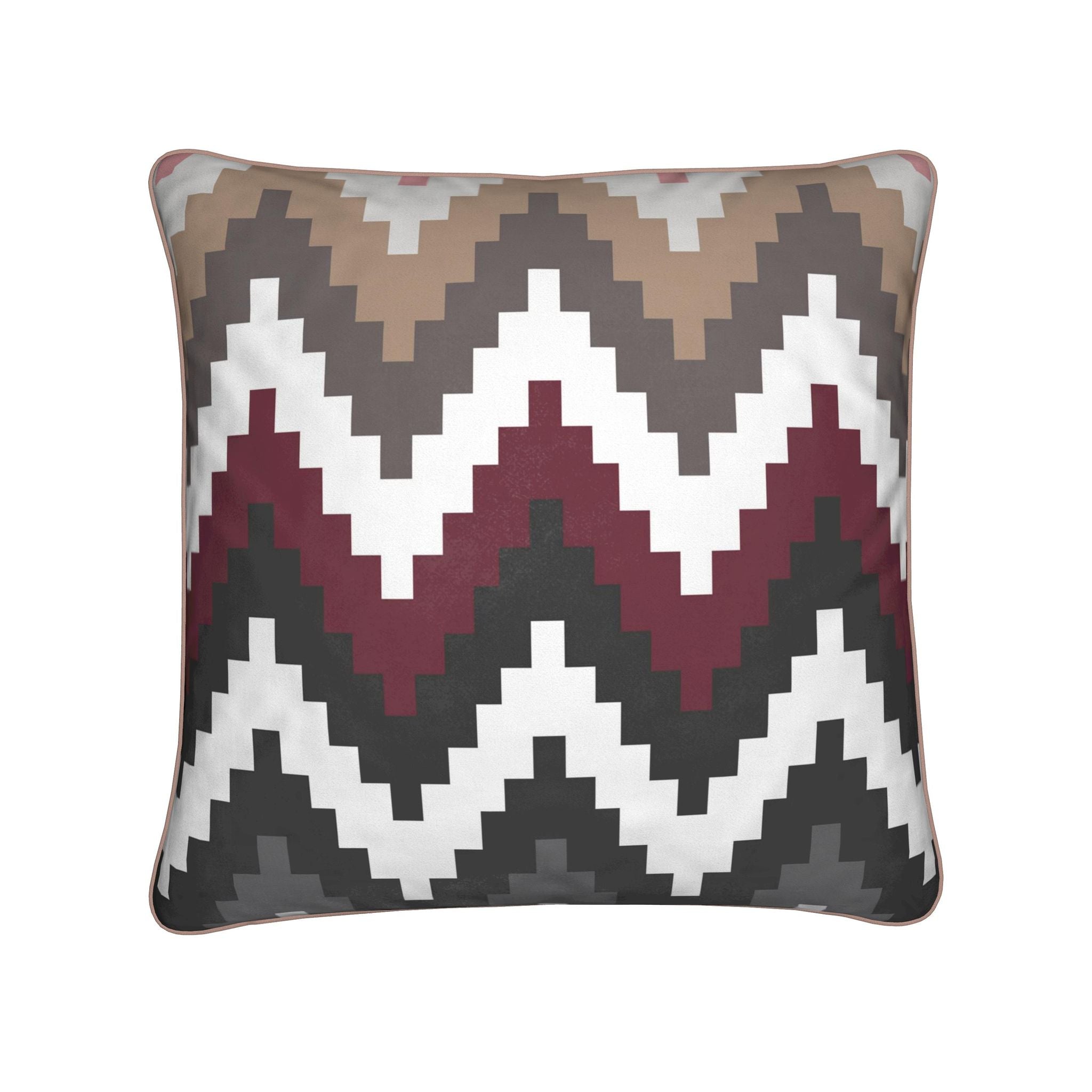 
                        Peak Pattern, Burgundy, Black, White , Grey and Beige on back of velvet cushion
                      