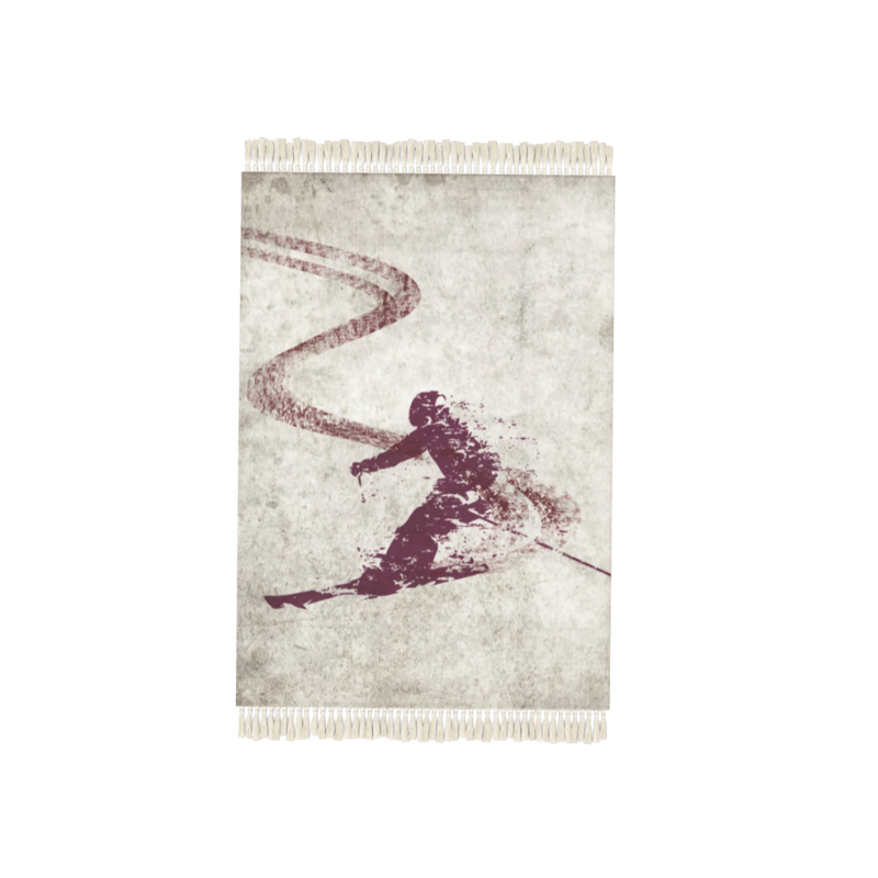 Burgundy Skier Themed Floor Rug